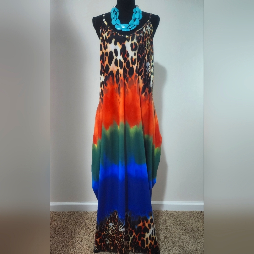 Ombre & Leopard Print Maxi Dress With Pockets